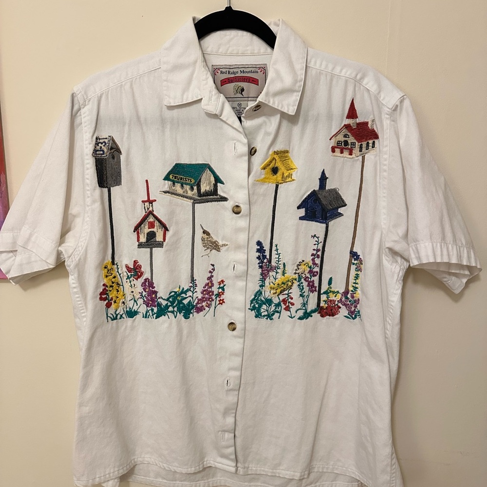 White Shirt with Colorful Birdhouse Embroidery